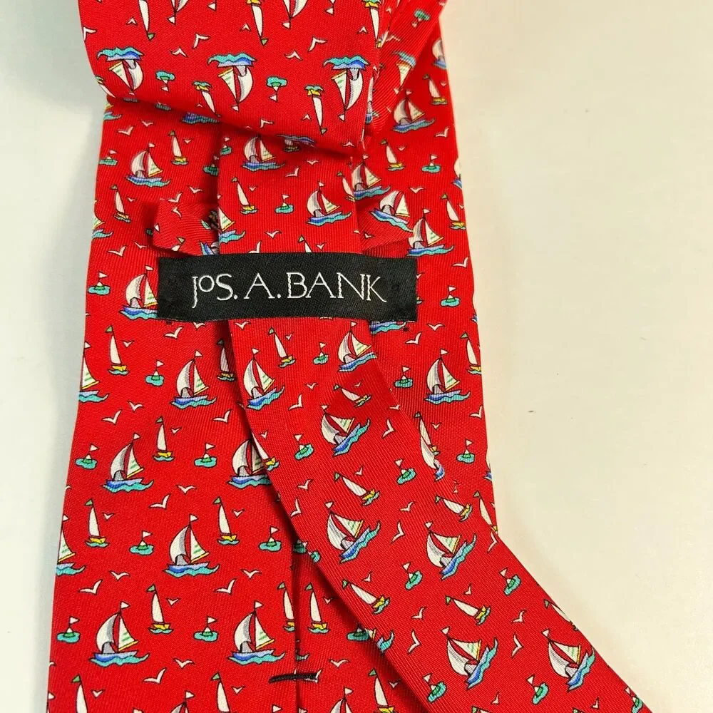 Jos. A. Bank Men's Bright Red Blue Nautical Sailboat Print 100% Silk Tie